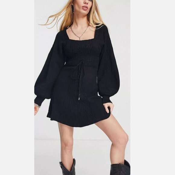 NWT Free People Emmaline Black Balloon Sleeve Knit Sweater Mini Dress Size Large - Picture 2 of 9